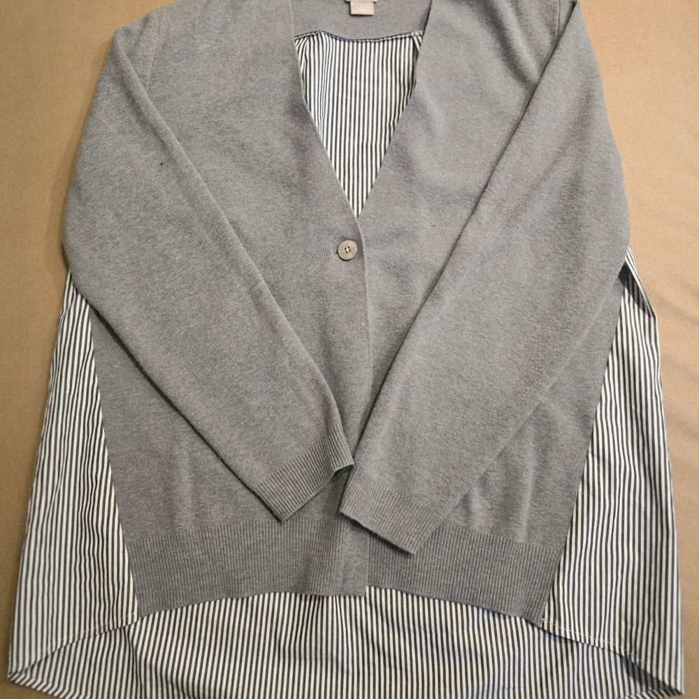 Chico's Women's Gray And Pinstripe Sweater Cardigan- Size Large